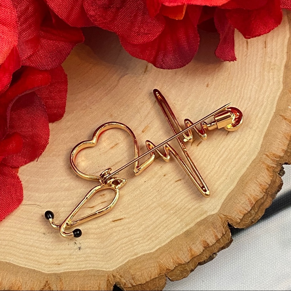 Red Heartbeat Stethoscope Brooch Lapel Pin - Picture 13 of 16